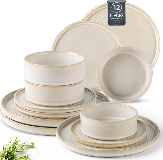 AmorArc Ceramic Dinnerware Sets, Handmade Reactive Glaze Stoneware Plates and Bowls Sets,Highly Chip and Crack Resistant | Dishwasher & Microwave Safe Dishes Set, Service for 4 (12pc)