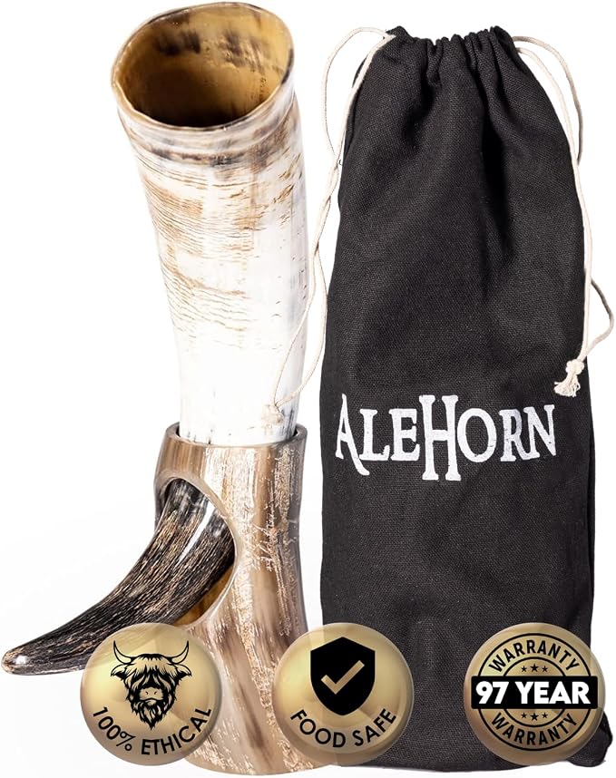 AleHorn Viking Drinking Horn with Stand – Handcrafted Natural Ox Horn Mead & Ale – Medieval Norse Display Cup for Home Bar Decor & Holiday Gifts for Men