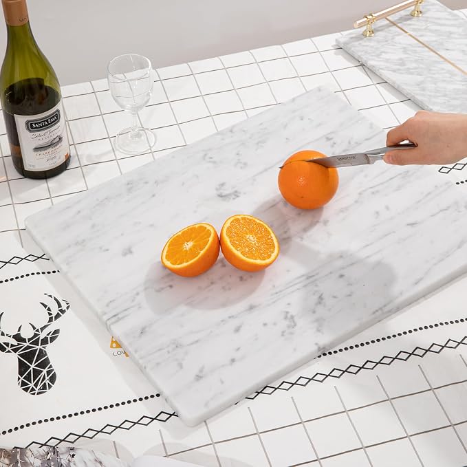 Natural Carrara White Marble Cutting Board for Kitchen, 16 x 20 Inch Marble Slab Pastry Board With Non-Slip Feet for Baking, Cheese, Charcuterie, Chocolate