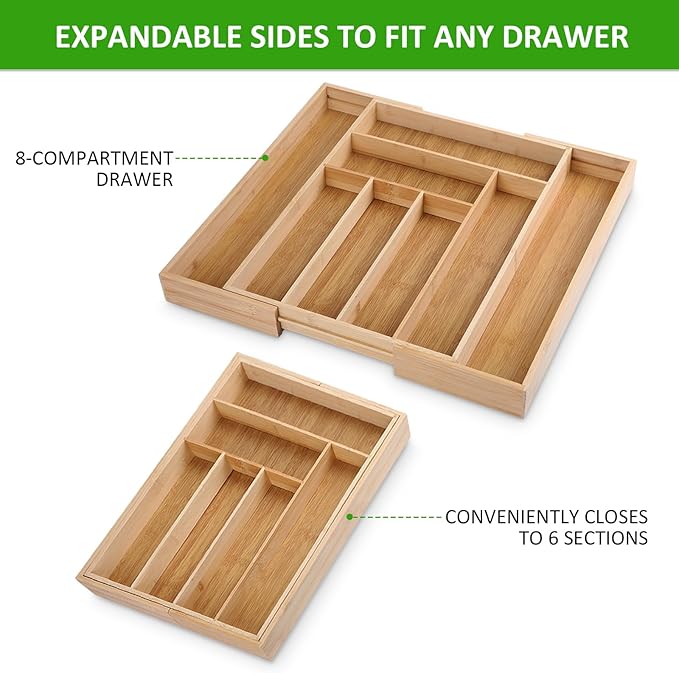 large Expandable Silverware Drawer Organizer - Bamboo Kitchen Organizers and Storage, Adjustable Silverware Organizer, Utensil Drawer Organizer for Kitchen Organization (6-8 Slots)