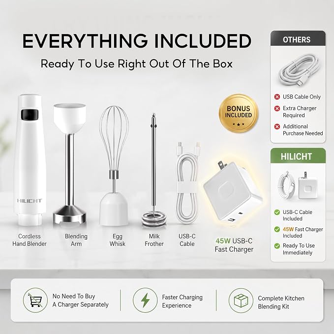 Cordless Immersion Blender, 3-in-1 Hand Blender with Charger | Blend Anywhere: Wall Charger, Brushless Motor, Whisk & Frother, 60+ Bowls, Smoothies, Soup, Baby Food