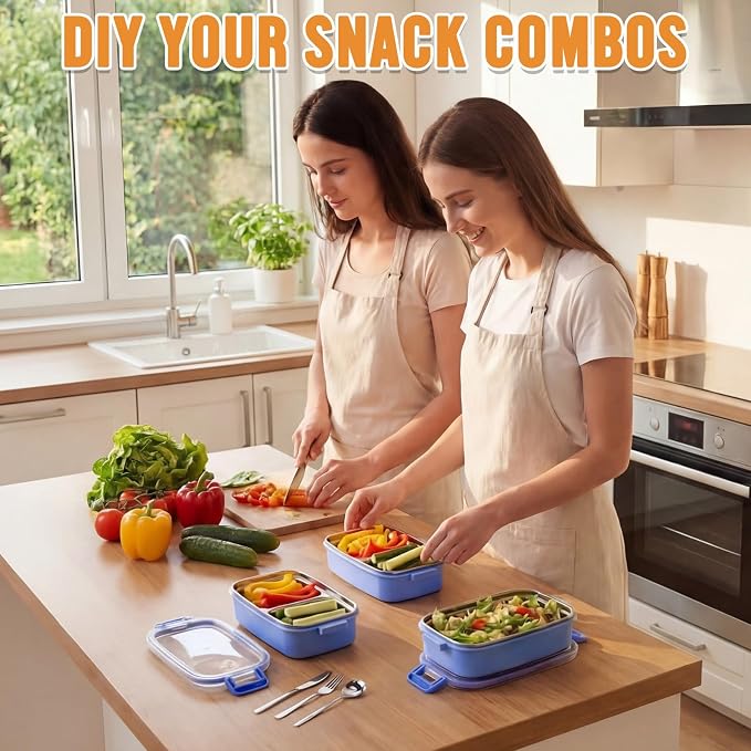 8 Pack Stainless Steel Snack Containers, Leakproof 2-compartment Metal Bento Boxes with Utensils & Travel Cases, Portable Small Food Storage Containers for Office, Gym, Hiking, Camping