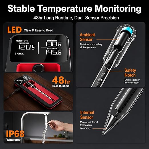 Smart Wireless Meat Thermometer 230FT Remote Food Thermometer Meat with Bluetooth Standalone Base Thermometer Digital Wireless for Remote Monitoring of BBQ, Oven, Kitchen,Grill,Matte Black
