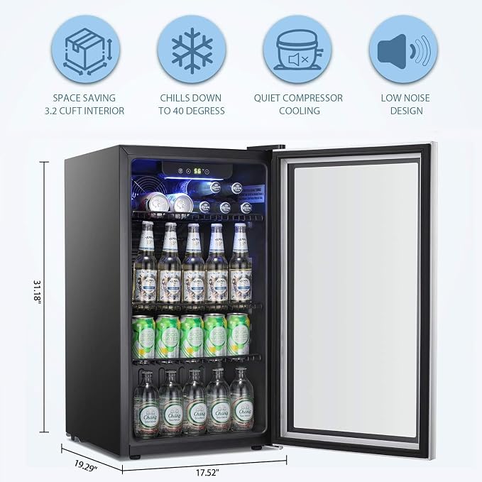 Antarctic Star Beverage Refrigerator Cooler -120 Can Mini Fridge Glass Door for Soda Beer or Wine Constant Glass Door Small Drink Dispenser Clear Front for Home, Office Bar 3.2cu.ft
