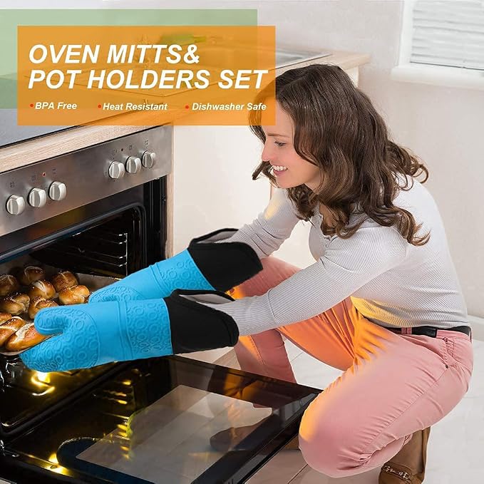 Extra Long Silicone Oven Mitts and Pot Holders Sets, Purple and Blue