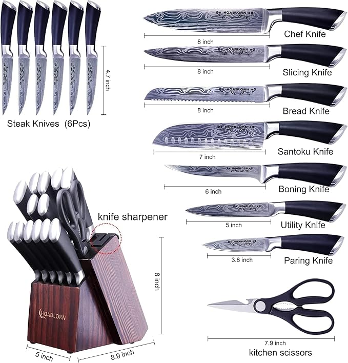 15pc Professional Stainless Steel Knife Set with Wooden Block - Damascus Knife Set for Chefs, Family, Housewarming, Wedding Gift