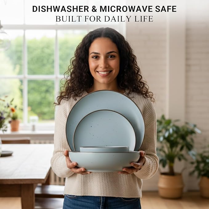 Dinner Set 16 PCS – Premium Ceramic Tableware in Blue – Includes 4 Dinner Plates, 4 Side Plates, 4 Rice Bowls & 4 Soup Bowls – Durable, Stylish & Microwave Safe