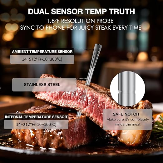 Bluetooth Meat Thermometer Wireless with Dual Probes, 650ft Long Range Smart App Controlled Food Thermometer for Grill, Smoker & Oven, Rechargeable IP67 Waterproof