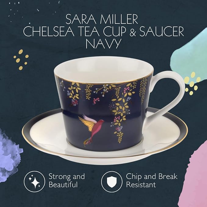 Portmeirion Sara Miller London Chelsea Teacup and Saucer, Navy | 8 Oz Cup for Drinking Tea and Coffee | Made from Fine China with Gold Detail | Handwash Only