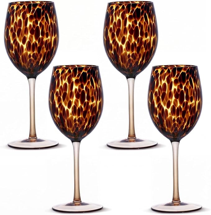 Honeydak Set of 4 Tortoise Leopard Print Brown 15oz Rocks Glasses Stylish Stemless Cocktail Cups Glass Glassware Tumbler Ideal for Gin, Tequila, Vodka, Soft Drinks