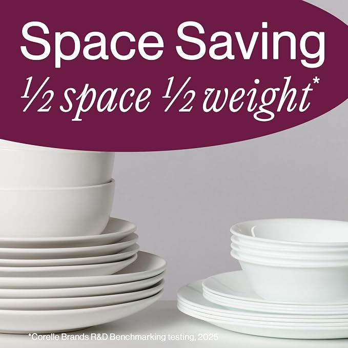 Corelle 18-Piece Round Dinnerware Set Service for 6, Lightweight Round Plates and Bowls Set, Vitrelle Triple Layer Glass, Chip and Scratch Resistant, Microwave and Dishwasher Safe, Brasserie