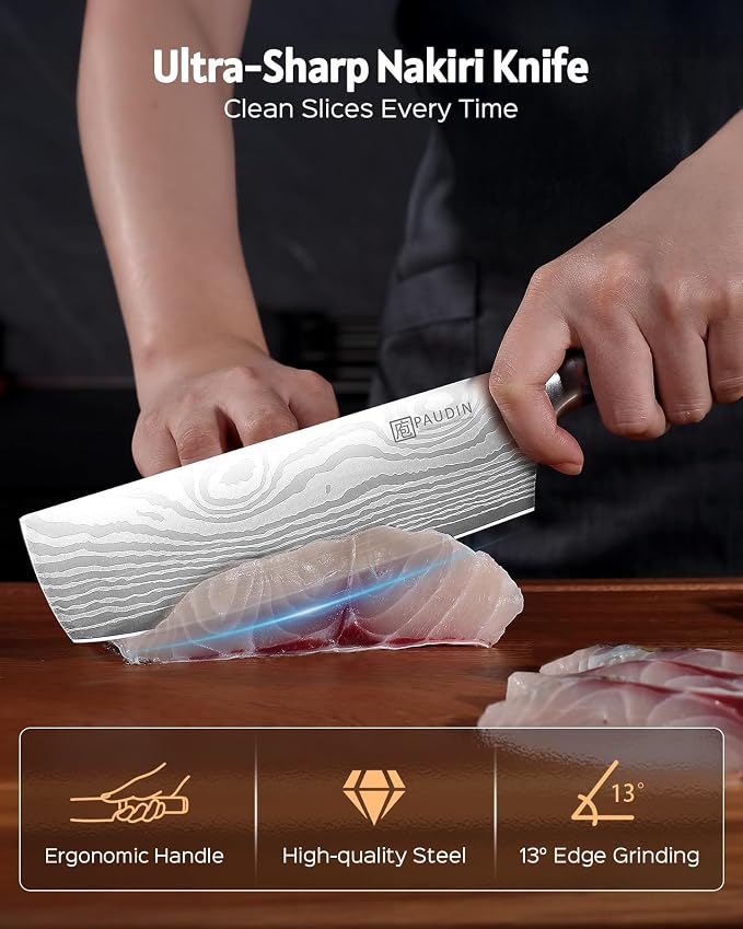PAUDIN Nakiri Knife - 7" Razor Sharp Meat Cleaver and Vegetable Kitchen Knife, High Carbon Stainless Steel, Multipurpose Asian Chef Knife for Home and Kitchen with Ergonomic Handle