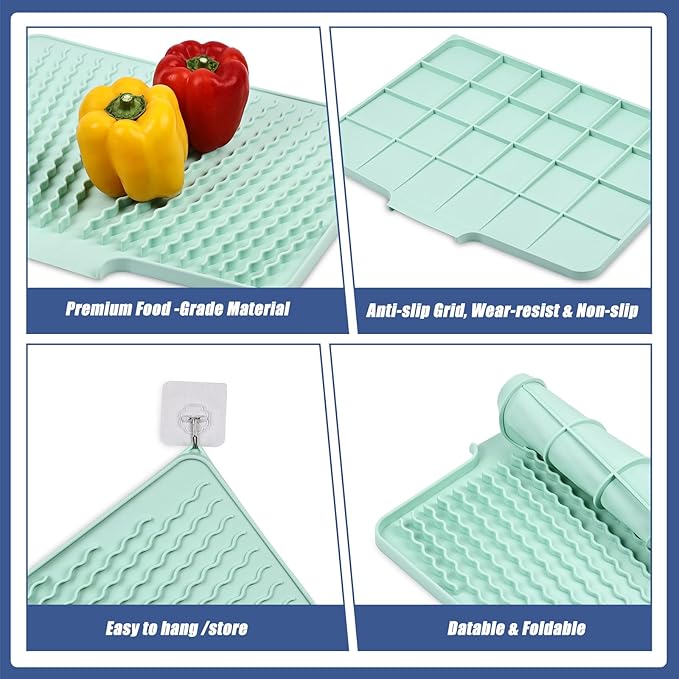 Silicone Dish Drying Mat for Kitchen Counter, Heat-resistant Dish Dryer Mat with Built-in Drain Lip ,Drain Pad Protects Surfaces Prevents Water Build UP (23.6" x 15.7", Mint-1pcs)