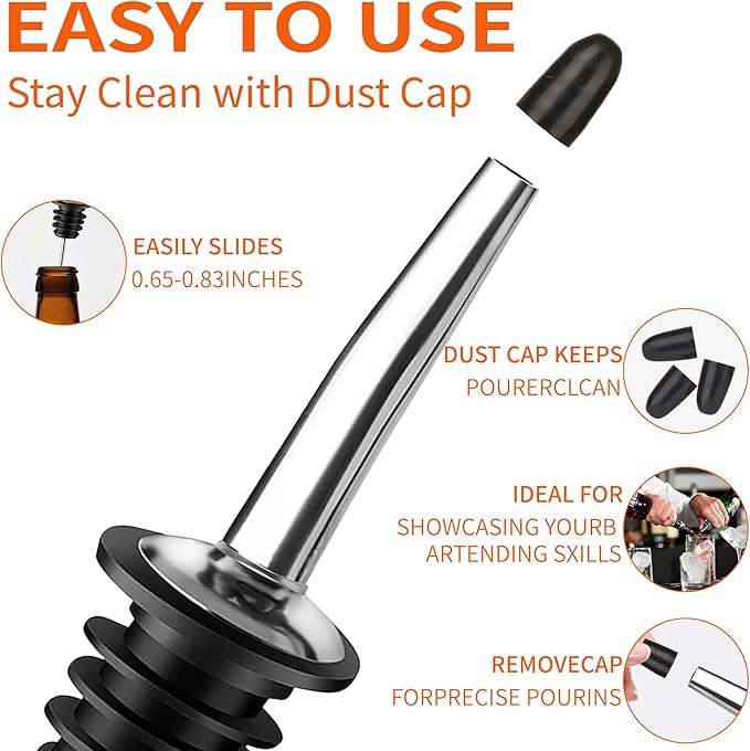 72 PACK Femilkt Liquor Pour Spout With Dust Caps,Stainless Steel Pourers Spouts for Liquor Bottles,Bottle Pourers for Alcohol, Olive Oil - Speed Pourers, Bar Bartender Accessories