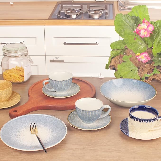 Coffee Mugs Set, 6.8 oz, Ceramic Tea Cup with saucer, Espresso Cups 8-piece, Stackable Cups, for Latte,Hot Tea,Cappuccino, Mocha, Cocoa, dishwasher & microwave safe, Azure blue