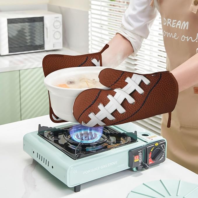 American Football Oven Mitts and Pot Holders Set of 4 Silicone Rugby Leather Lace Fun Traditional Sport Ball Kitchen Mitten Gloves and Potholders Set Heat Resistant Oven Gloves Hot Holders