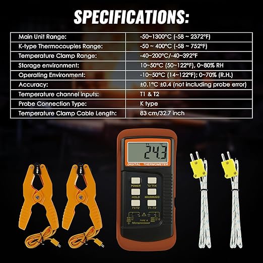 K Type Thermocouple Thermometer (-50~1300°C), Dual Channels Digital Thermometer with 2 Temperature Clamp 2 Wired Thermocouple Probes, High Accuracy Temperature Kelvin Scale Meter Tester