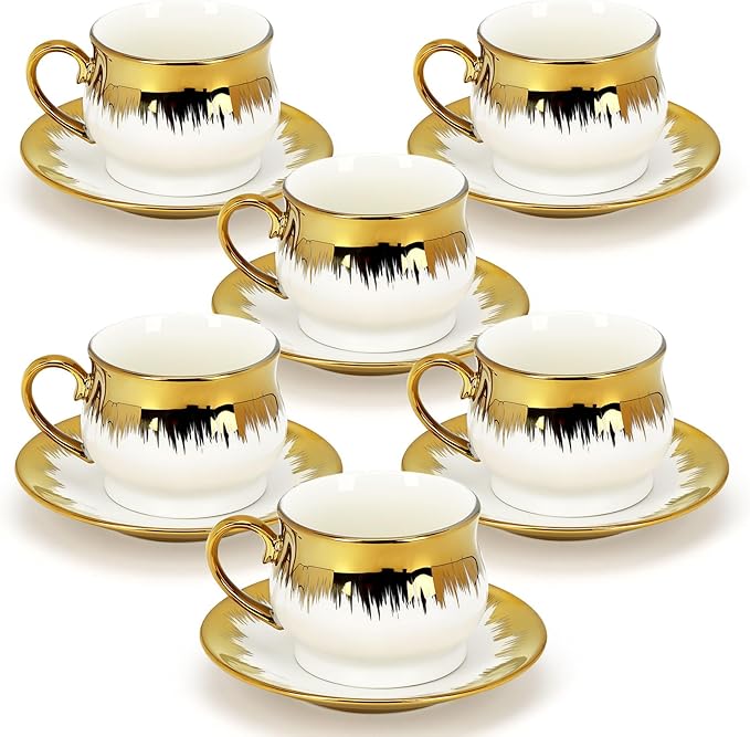 6 Pack 3.2oz Espresso Cups with Saucers, White Porcelain with Gold Electroplated Brushstroke Rim, Ceramic Coffee Cup Set, Dishwasher Safe, for Espresso, Latte, Afternoon Tea, Home Decor & Gifting