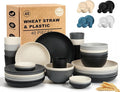 40 Piece Plates and Bowls Sets for 8, Unbreakable Wheat Straw Dinnerware Sets for 8, Microwave Safe Dishes Set for 8, Plastic Dinnerware Set for Home, Apartment, Dorm - BlackBeige