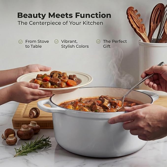 Zulay Kitchen 7.7 Quart Enameled Cast Iron Dutch Oven Pot with Lid – Premium Durability & Oven Safe up to 500°F – Heavy Duty Cookware Perfect for Bread Baking, Stews, Braising & Roasting – White