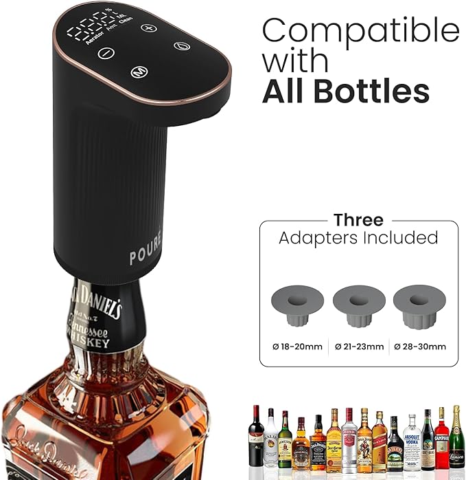 Electric Liquor Dispenser with Wine Aerator - Adjustable Alcohol Output 1-999mL - Smart Whiskey Pourer Pump - Long Battery Life - LED Touch Screen - Birthday Gift for Men Women (Black)