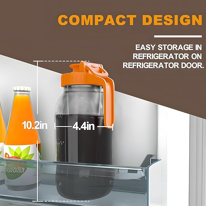 JunVpic Cold Brew Coffee Maker Jar - 64oz Thick Glass Multipurpose Mason Pitcher Spout Lid with Handle & Stainless Steel Filter for Iced Coffee, Lemonade, Ice Tea, Homemade Fruit Drinks Container