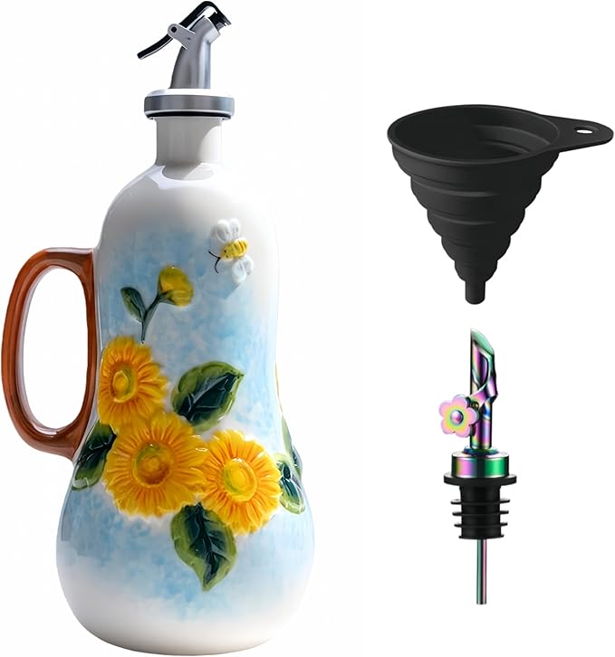 18.26oz/540ml Decorative Olive Oil Dispenser Bottle for Kitchen,Hand Painted Relief Ceramic Olive Oil Bottle,Ceramic Oil Container (B-Sunflower)