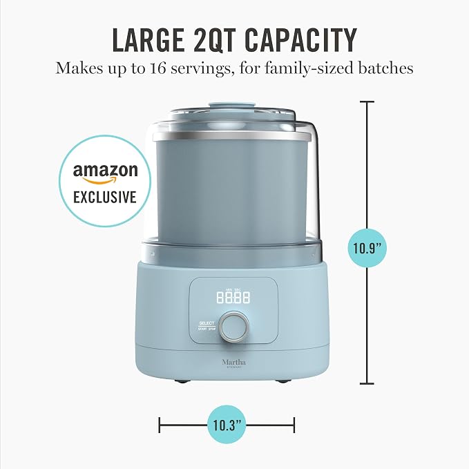 Martha Stewart Ice Cream Maker, 2 Quart Double-Insulated Freezer Bowl, Sorbet & Frozen Yogurt, Ready in 20 Minutes, Mix-Ins Chute, Easy to Clean, Sky Blue