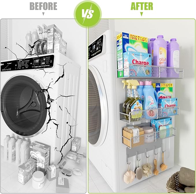 4 Pack Magnetic Shelves for Washing Machine, Heavy-Duty Magnetic Laundry Organizer with Hooks, Washing Machine Shelf for Refrigerator, Metal Storage Baskets, Closet & Laundry Room Organization (Grey)