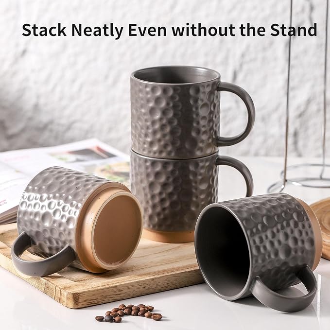 Nihow Ceramic Coffee Mug Set of 4, 16OZ Stackable Coffee Mug Set with Stainless Stand,Large Cup Set for Cappuccino,Tea,Hot/Cold Drinks,Dishwasher & Microwave Safe,Matte Gray