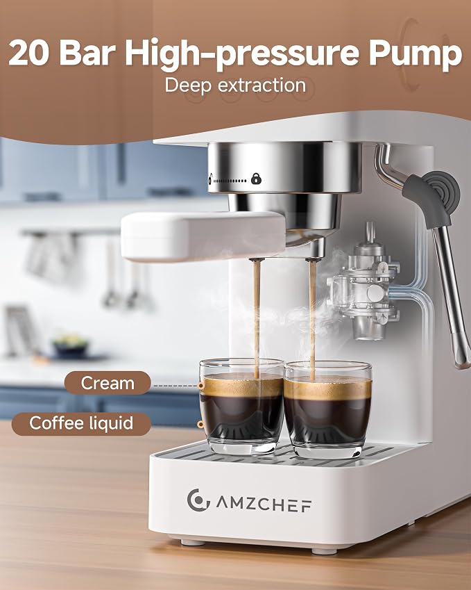 AMZCHEF Espresso Machine 20 Bar, Compact Espresso Maker with Steam Milk Frother, Coffee Maker with 50oz Removable Water Tank for Home, Coffee Machine for Cappuccino, Latte, Americano, 1350W