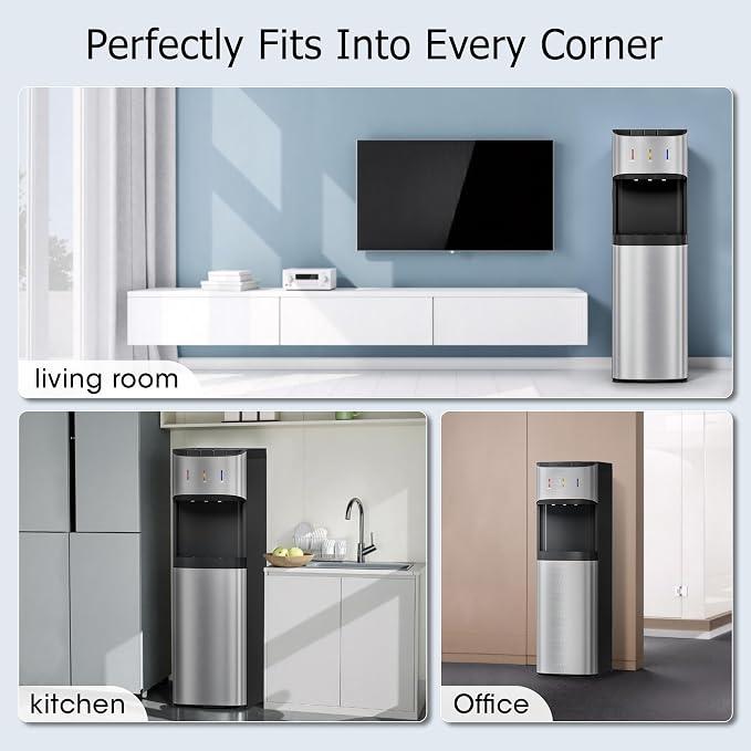 Tehanld Bottom Loading Water Cooler Dispenser for 3 or 5 Gallon Bottles, Stainless Steel Water Dispenser with Hot, Room & Cold Water, Child Safety Lock, Metallic Silver