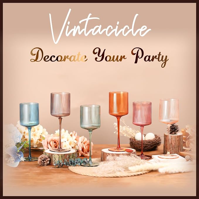 Colored Square Wine Glasses Set of 6, Elegant Ribbed Design Colorful Crystal Glassware with Long Stem, 11.5oz Hand Blown Stemware For Red & White Wine Home Bar Party- Multicolour