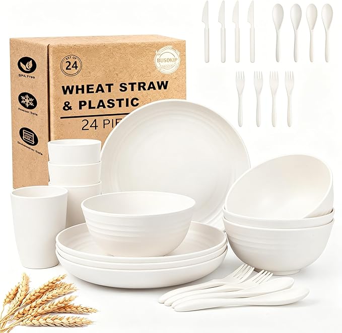 Dishes Set for 4, Wheat Straw Plate and Bowl Set, Unbreakable Kids Dinnerware Set 24 Piece, Microwave and Dishwahser Safe Dishware sets for Apartment, Kitchen, Camping, Dorm - White