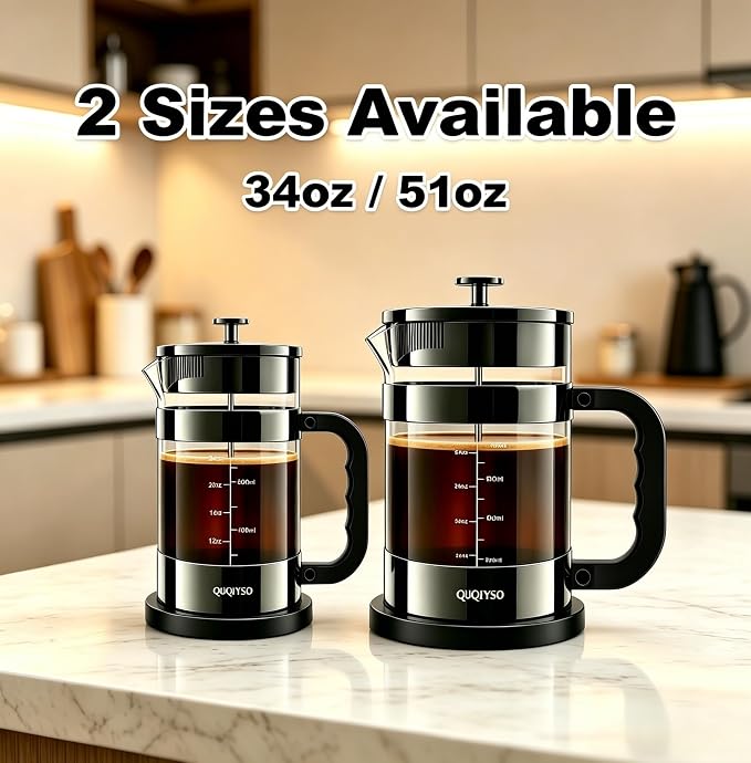 French Press Coffee Maker, 304 Stainless Steel French Press with 4 Filter, Heat Resistant Durable, Easy to Clean, Borosilicate Glass Coffee Press, 100% BPA Free Glass Teapot, 34oz, Dark Pewter