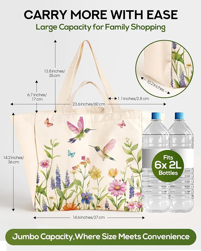 Miss Adola Large Canvas Grocery Tote Bag - Reusable Extra Large Shopping Shoulder Bags with 6 Inner Pockets & 2 Handle Strap