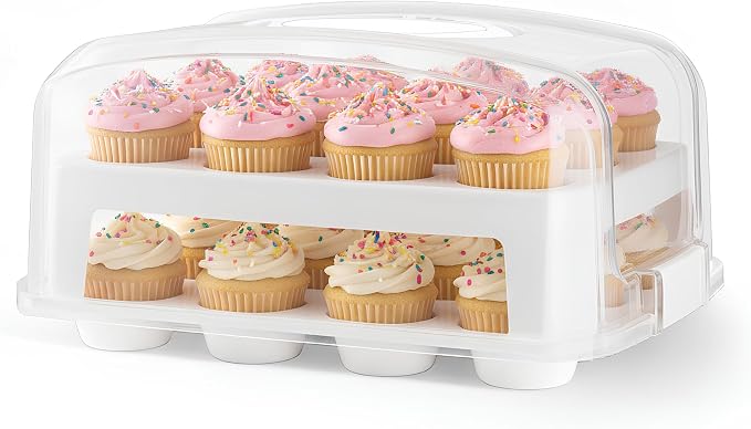 EXTRA TALL DOME Cupcake Carrier, White Cupcake Holder Carries 24 Cupcake Storage Container, Muffin Traveler Two Tier Stand Reusable Cupcake Box