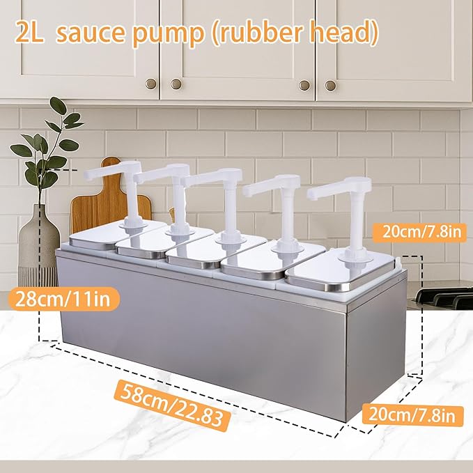 10.57 Quart Condiment Dispenser Pump,Syrup Pump Dispenser with Measuring Cup,Detachable Leak-Proof Design for Sauce, Honey, Syrup,Soy Sauce,Mustard,Cheese (2.11 QT Each, 5 pumphead)