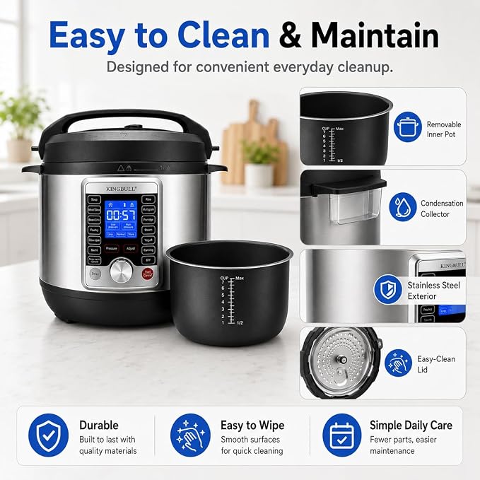 KINGBULL 14-in-1 Electric Pressure Cooker 8 Quart, Stainless Steel Multi Cooker with LCD Display and Knob Control, Slow Cooker, Rice Cooker, Steamer, Sauté, Yogurt Maker, Warmer, DIY Mode