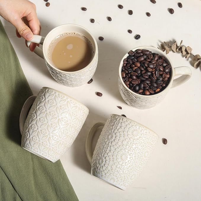 Coffee Mugs Set of 4, 16 Oz Ceramic Coffee Mugs, Large Porcelain Embossed Cups for Cocoa, Tea, Milk, Mocha, Cappuccino, Microwave & Dishwasher Safe, Comfort Handle, 3.5 x 4.5 inch