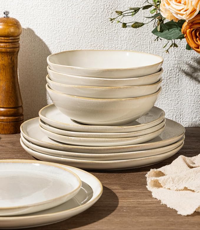 GBHOME Stoneware Dinnerware Sets for 8, 24 Pieces Rustic Earthenware Plates and Bowls Set, Handmade Reactive Glaze Ceramic Plate Sets, Chip Resistant Dishes, Microwave & Dishwasher Safe, Vanilla Cream