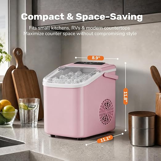 Sweetcrispy Countertop Ice Maker with Scoop, Basket and Handle, Portable Ice Machine 9 Cubes Ready in 6 Mins, 26.5lbs in 24Hrs, 2 Sizes for Home Kitchen Office Bar Party