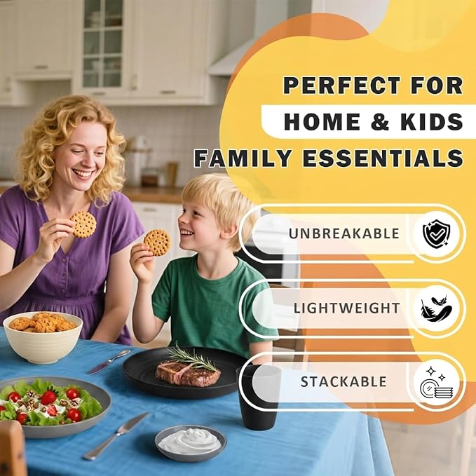 Wheat Straw Dinnerware Sets 16 PCS - Unbreakable Kids Plates and Bowls Sets for 4,Dishwasher & Microwave Safe Modern Lightweight Toddler Plates and Bowls Set for RV,Travel,Camping - Grey Stone