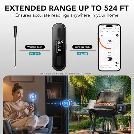 Ultrean Smart Wireless Meat Thermometer for Grilling, Instant Read Digital Thermometer, Independent-Control Magnetic Base & Thin Probe, Accurate Temperature Alerts for BBQ, Oven, Smoker, Air Fryer