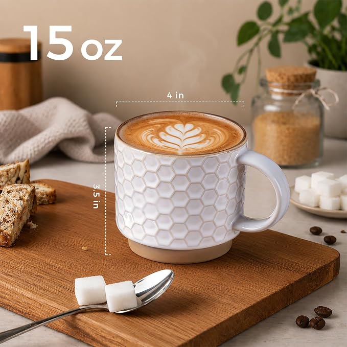 GBhome 15OZ Stackable Coffee Mugs, Ceramic Coffee Mugs with Texture Patterns for Man,Woman,Dad,Mom, Modern Coffee Mugs Set of 4 for Latte/Cappuccino/Cocoa. Dishwasher&Microwave Safe, Off White