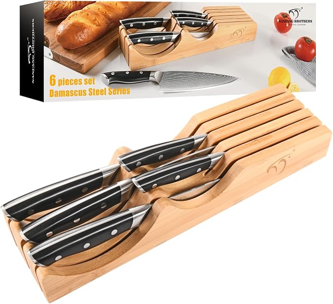 In-Drawer Knife Block with 5 Pieces Japanese Damascus Knives, Bamboo Knife Drawer Organizer with 67-Layer Damascus Steel, Perfect for Home and Chefs, Slots for 5 Knives Kitchen Drawer, Counter Top