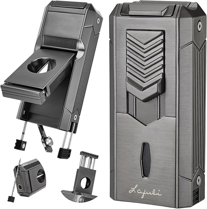 6-in-1 Torch Lighter with Twin Nubber, Auto-Pop V-Shape Clipper, Draw Enhancer, Holder and Punch, Refillable & Adjustable Windproof Butane Lighter, Premium Gift Box for Men & Travel Essential