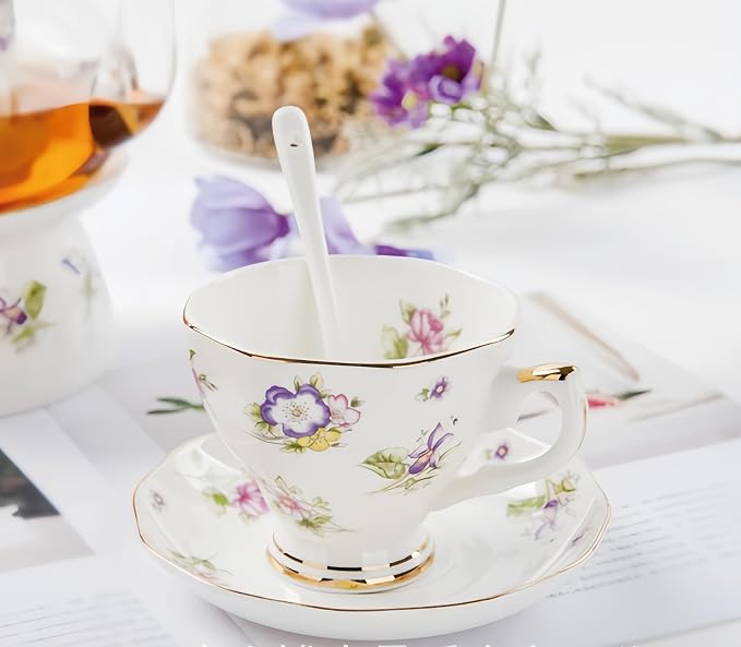 British Bone China Coffee Cup with Saucer and Spoon for Latte Americano Cups with Saucer Porcelain Tea Cup Set, Cups and Saucers 3 Piece Set（6.8oz） (A-white)