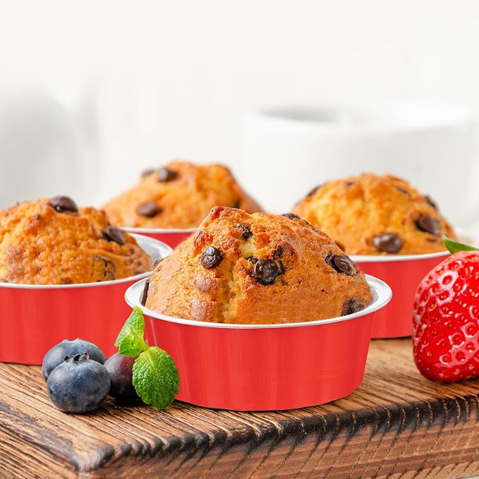 Tessco for you 150 Pcs Disposable Ramekins with Lids 8 oz Creme Brulee Ramekin Aluminum Foil Cup Cupcake Liner Baking Valentines Disposable Muffin Tin Pan Cheesecake Container (Red,Silver)