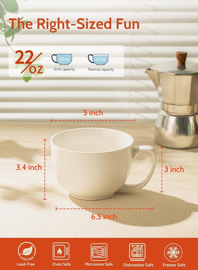 Sweese Porcelain 22oz Large Coffee Mugs Set of 4, Large Soup Mug with Handles Perfect for Coffee, Tea, Hot Chocolate, Microwave Safe, White